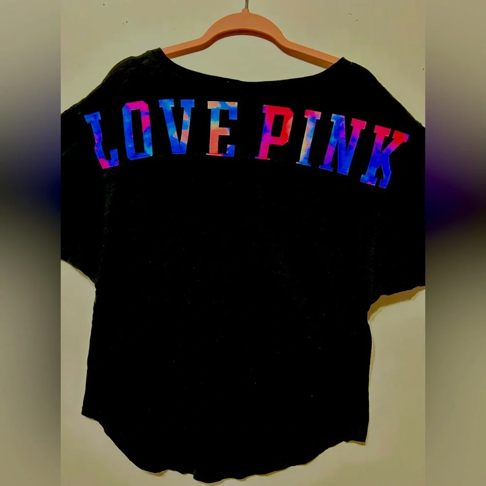 Victoria’s Secret Black tee with bright colors spelling out “LovePink” on back - Picture 2 of 3